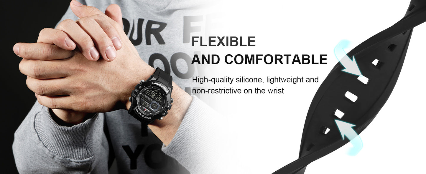 Digital Sports Watches for Men,Chronograph, 5ATM Waterproof,Rubber Strap Wrist Watch