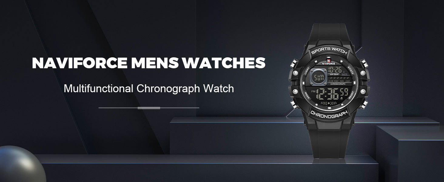 Digital Sports Watches for Men,Chronograph, 5ATM Waterproof,Rubber Strap Wrist Watch